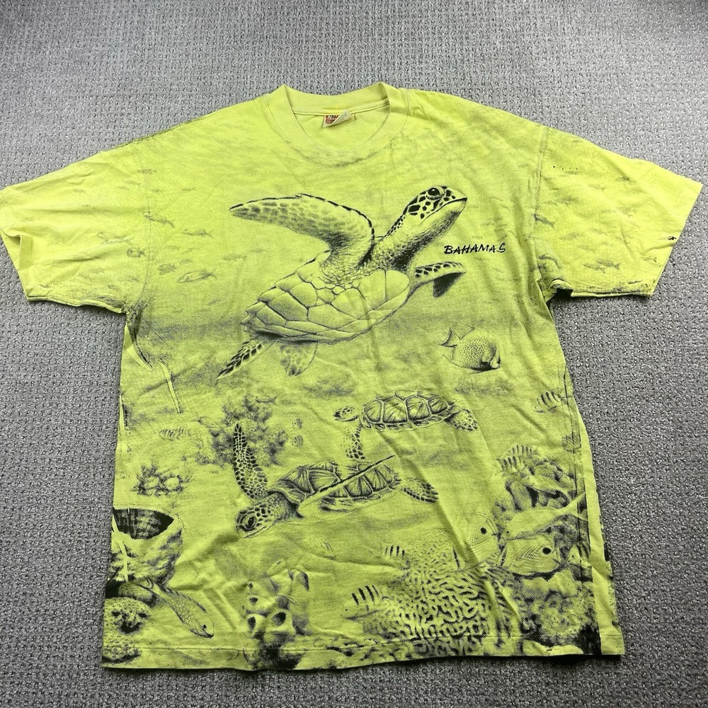 Vtg 90s Sea Turtle All Over Print Bahamas Shirt Ocean Vacation Mens XL Hanes